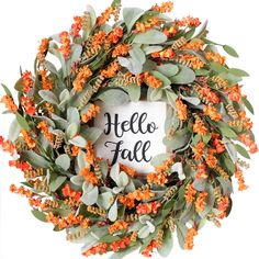 an orange and green wreath with the words hello fall on it