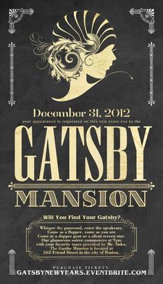 the poster for an upcoming show called gatsby mansion