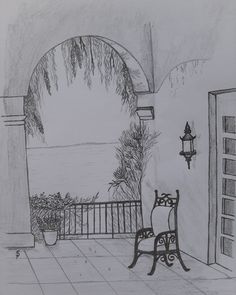 a pencil drawing of a porch with a chair and potted plant next to it