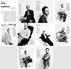 a series of photos showing men in suits and ties sitting on chairs, posing for the camera