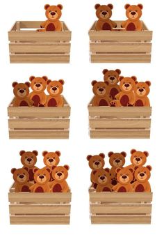 four images of teddy bears in wooden boxes