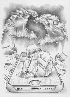 a drawing of two hands reaching out to touch a child's hand on top of a cell phone