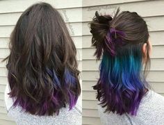 Under Hair Color, Bob Pendek, Childhood Activities, Peekaboo Hair Colors, Purple Ombre Hair, Galaxy Hair, Peekaboo Hair