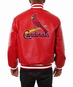 St. Louis Cardinals Varsity Red Leather Jacket Classic Red Varsity Jacket For Streetwear, Red Leather Outerwear For Streetwear, Red Leather Winter Outerwear, Classic Red Varsity Jacket For College, Red Leather Jacket For Streetwear In Winter, Red Leather Jacket For Winter Streetwear, Red Long Sleeve Leather Jacket For Streetwear, Classic Red Outerwear For College, Red Outerwear For College In Fall