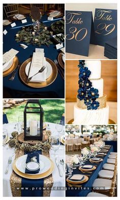 blue and gold wedding decor with white plates, napkins and silverware on the table