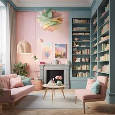 a living room with pink and blue furniture, bookshelves and a fire place