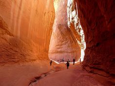 three people are walking through a narrow slot in the rock formation, with sunlight streaming through