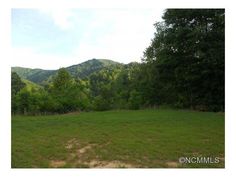 an empty field in the middle of a wooded area with mountains in the back ground