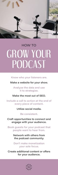 a purple and white poster with the words how to grow your podcast written on it