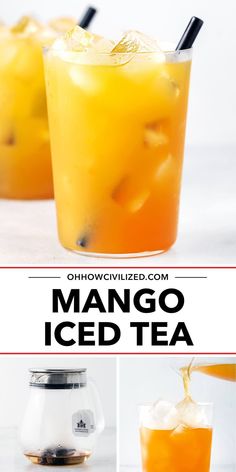 mango iced tea with orange juice and ice in the middle, on a white background