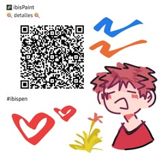 a person with a red shirt is next to a qr code and a plant