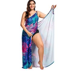 Tropical Leaf Print Plus Size Cover Up Maxi Dress - Colormix - 3327773716 - Original Design-Women's Clothing  #OriginalDesignWomensClothing #Original #DesignWomen's #Clothing Pola Bra, Wrap Dress Plus Size, Plus Size Cover Up, Printed Beach Dresses, Tropical Leaf Print, Dress Stores Online, Tropical Leaf, Cover Ups, Swimsuit Cover Ups