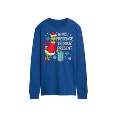 Let everyone know what you got them with this funny Dr. Seuss Grinch My Presence Is Your Present long sleeve graphic tee. Let everyone know what you got them with this funny Dr. Seuss Grinch My Presence Is Your Present long sleeve graphic tee. Crewneck Long sleevesFABRIC & CARE Cotton Machine wash Imported Color: Med Blue. Gender: male. Age Group: adult. Blue Long Sleeve T-shirt With Funny Print, Funny Print Long Sleeve T-shirt For Winter, Funny Long Sleeve Tops With Text Print, Funny Print Long Sleeve Winter Tops, Winter Long Sleeve Tops With Funny Print, Blue Long Sleeve Christmas Tops, Blue Long Sleeve Tops For Christmas, Funny Long Sleeve Slogan Tops, Long Sleeve T-shirt With Funny Print, Relaxed Fit