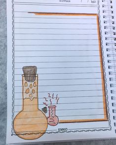 an open notebook with writing on it and a drawing of a flask in the bottom right corner