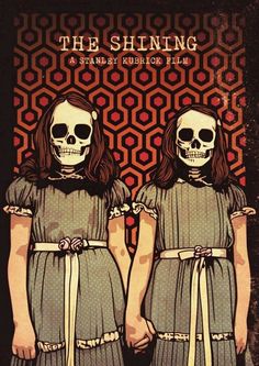 two women in blue dresses standing next to each other with skulls on their heads and the words shining above them