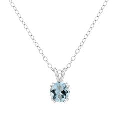 Sterling Silver 7mm Round Aquamarine Pendant with Chain Add a touch of chic, sophistication to your neckline with this beautiful, blue aquamarine pendant necklace. Comes with an 18" chain. Pendant approx. 1/2"L x 1/4"W; chain approx. 18"L x 1/16"W Stamped .925 sterling silver; rhodium plating Pendant: split bail; Chain: Lobster claw clasp. Pendant has round-cut aquamarine gemstone in four-prong setting Comes with cable chain necklace Stone Information All sizes and weights approximate Aquamarine Cable Chain Necklace, Necklace Stone, Aquamarine Pendant, Pendant With Chain, Aquamarine Gemstone, Aquamarine Blue, Chain Pendant, Stone Necklace, Cable Chain