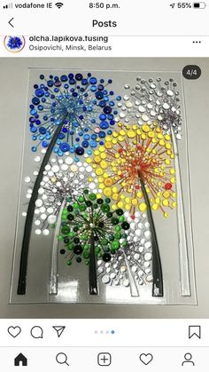 a glass plate with different colored flowers on it's side and the words post written in