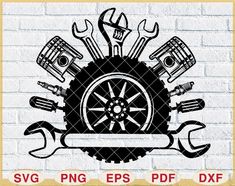 wrench, spanner and other tools on a brick wall with the words svg eps