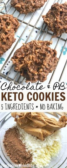 chocolate and peanut butter keto cookies on a cooling rack with text overlay that reads, chocolate and peanut butter keto cookies 5 ingredients + no baking