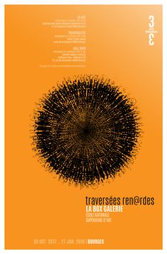 an orange poster with black dots in the center and text below it that reads, traversa fem @ rdes la box galamie