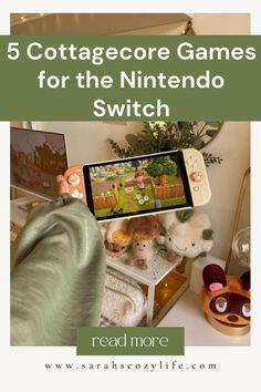 the nintendo switch is being held up by someone's hand, with text overlay that reads 5 cottage core games for the nintendo switch