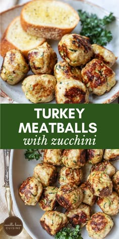 turkey meatballs with zucchini on a white plate