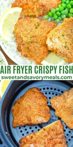 air fryer crispy fish with peas and lemon wedges on the side is shown