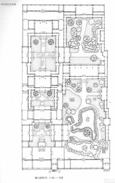 a drawing of a plan for a house with lots of rooms and gardens in it