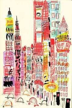 a drawing of a city with tall buildings