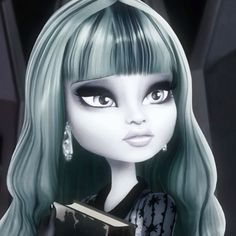 a cartoon girl with long green hair and black dress holding a book in front of her face