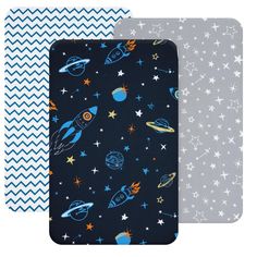 three placemats with different designs on them, one in blue and the other in grey