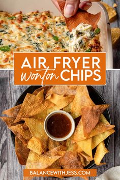 an air fryer pizza and tortilla chips on a plate with text overlay