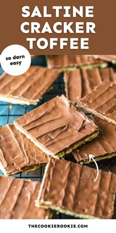 saltine cracker toffee on a cooling rack with text overlay that reads saltine cracker toffee