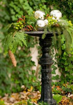 a small table with some balls on it in the middle of leaves and plants next to a wall