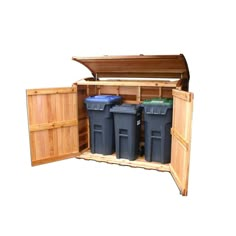 an open wooden storage box with three bins and two trash cans in it on a white background