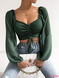 Low-Cut Sexy V-Neck Snowflake Chiffon Drawstring Blouse with Lantern Sleeves Woman Blouse Casual, Slim Blouse, Moda Plus, Chiffon Material, Cropped Tops, Neck Crop Top, Solid Clothes, Sweetheart Neck