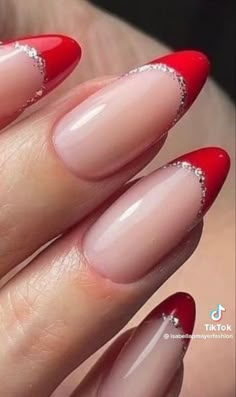 Red And Silver Nails, Red Acrylic Nails, Nails French Tip, Nails French