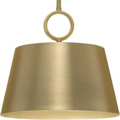 a brass colored light fixture with a ring hanging from the bottom, and a white background