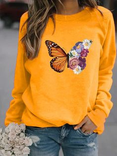 Flower Butterfly Print Long Sleeve Sweatshirt for Women Long Sleeve Cotton Tops With Butterfly Print, Long Sleeve Tops With Butterfly Print For Fall, Spring Butterfly Print Long Sleeve Tops, Spring Long-sleeve Tops With Butterfly Print, Spring Long Sleeve Tops With Butterfly Print, Yellow Crew Neck Sweatshirt For Spring, Spring Crew Neck Top With Butterfly Print, Vintage Dragonfly, Butterfly And Flower