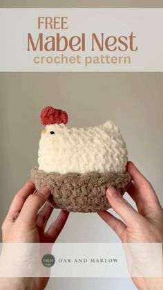 two hands holding a crocheted cupcake with a chicken on top and text overlay reading free mabel nest crochet pattern