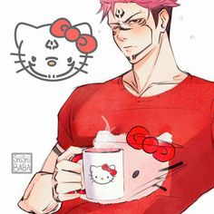 an anime character holding a hello kitty coffee mug and looking at the camera while wearing a red t - shirt