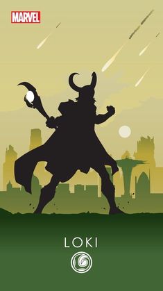 the silhouette of loki in front of a city skyline with an arrow pointing to it