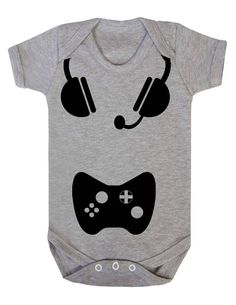 a baby bodysuit with headphones and a video game controller on it's chest