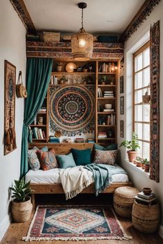 a living room with a couch, rug and bookshelf in the middle of it