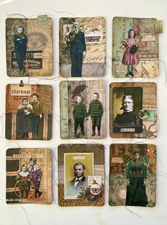 altered photograph collages of people in old fashion clothes and hats, with paper tags attached to them