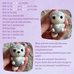 there is a small crocheted cat in the hand and instructions for how to make it