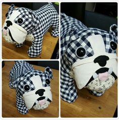 four pictures of a stuffed dog made out of cloth material, including the nose and mouth