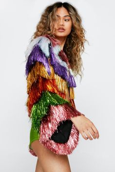 Style: Festival MacDesign: PlainFabric: PlasticLength: CroppedNeckline: CrewSleeve Length: Long Sleeve Disco Party Outfit Ideas, Look Disco, Fringe Coats, Disco Glam, Style Festival, Formal Style, Rave Outfits, Edgy Fashion