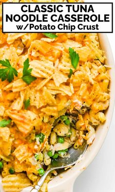 a casserole dish in a white bowl with a serving spoon and the words classic tuna noodle casserole w / potato chip crust