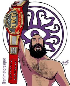 a drawing of a man with a beard holding a wrestling belt in his right hand